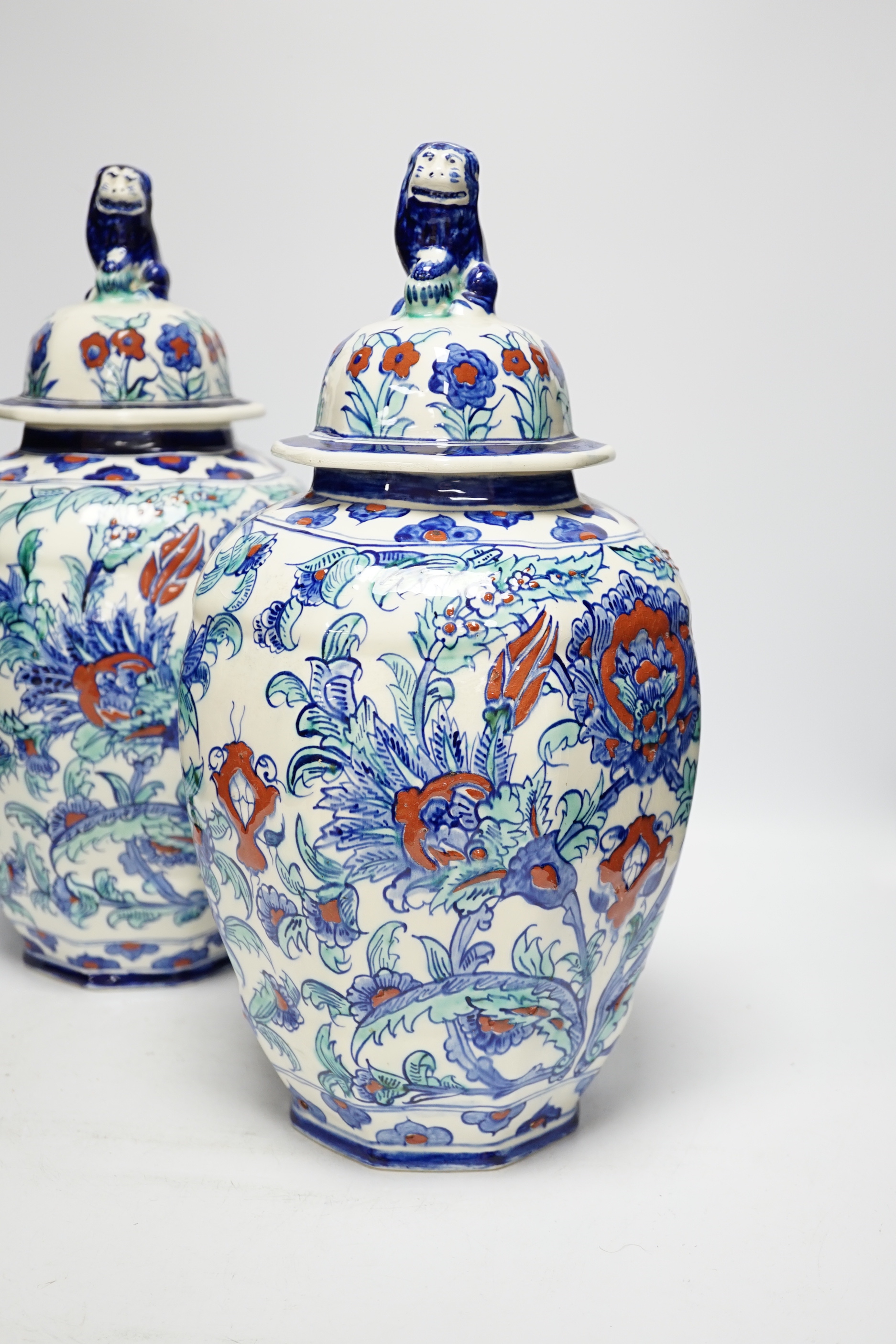 A pair of Belgian vases and covers, marked Keramis, 41cm